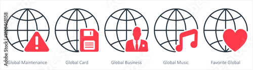 A set of 5 internet icons as global maintenance, global card, global business