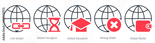 A set of 5 internet icons as link global, global hourglass, global education