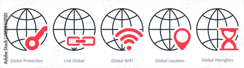 A set of 5 internet icons as global protection, link global, global wifi