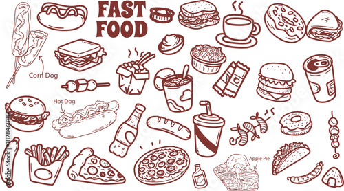 hand drawn fast food icons set.