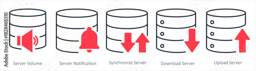 A set of 5 internet icons as server volume, server notification, synchronize server