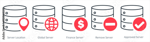 A set of 5 internet icons as server location, global server, finance server