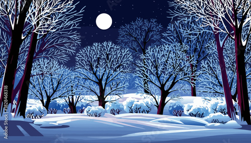A serene winter forest landscape illuminated by the enchanting glow of a full moon on a quiet, snowy midnight