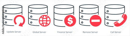 A set of 5 internet icons as update server, global server, finance server