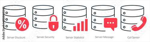 A set of 5 internet icons as server discount, server security, server statistics