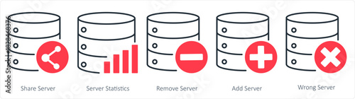 A set of 5 internet icons as share server, server statistics, remove server
