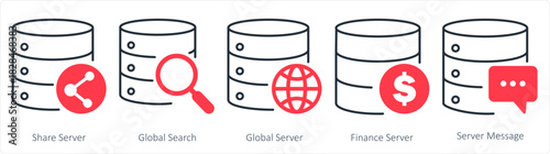 A set of 5 internet icons as share server, global search, finance server
