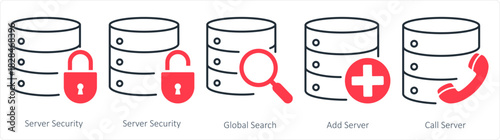 A set of 5 internet icons as server security, global search, add search