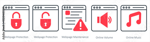 A set of 5 internet icons as webpage protection, webpage maintenance, online volume
