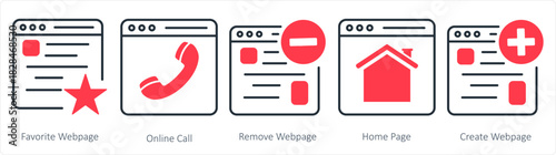 A set of 5 internet icons as favorite webpage, online call, remove webpage