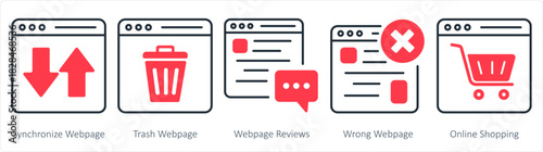 A set of 5 internet icons as synchronize webpage, trash webpage, webpage reviews