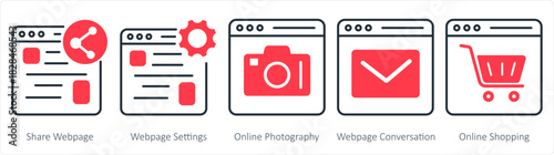 A set of 5 internet icons as share webpage, webpage settings, online photography
