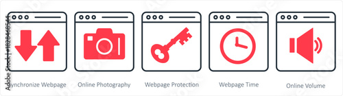 A set of 5 internet icons as synchronize webpage, online photography, webpage protection