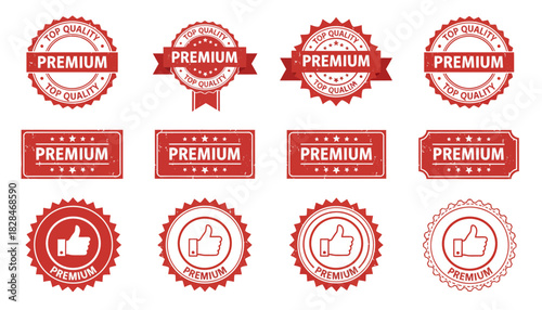 Vector illustration set of red premium quality guarantee seals, stamps, and badges, featuring classic retro designs and approval icons