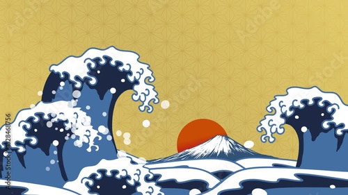 浮世絵風の富士山と波、日の出のアニメーション動画