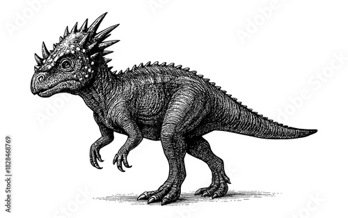 Monochrome hand-drawn dinosaur with spikes and texture on white background