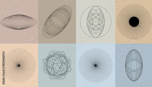 Abstract geometric forms and futuristic symbols. A versatile set of minimalist wireframe vector icons for creative projects