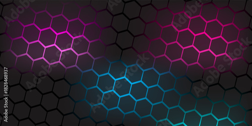 Abstract dark hexagon pattern on a tech-inspired neon pink and blue background. Modern futuristic geometric shape web banner design. Can be used for cover templates, posters, flyers, and print ads. 
