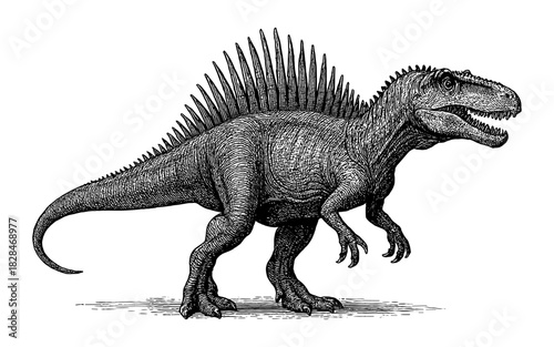 Detailed spinosaurus dinosaur in black and white engraving style