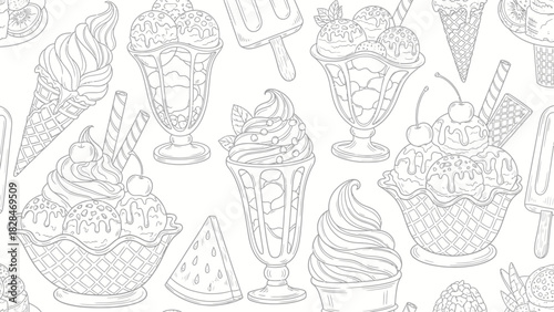 Ice Cream Dessert Pattern Coloring Page – Cute Sweet Treat Line Art Background