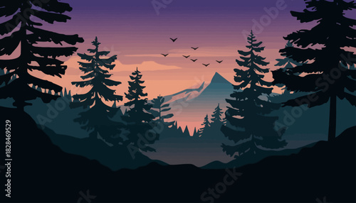A serene vector landscape illustration of a mountain range and pine forest silhouette during a colorful sunset