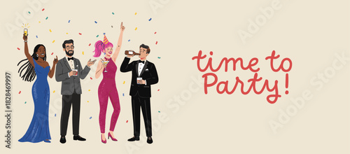 Group of diverse people in formal black tie attire celebrating a festive new year party