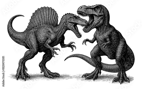 Epic dinosaur clash: spinosaurus vs. tyrannosaurus in detailed ink style art