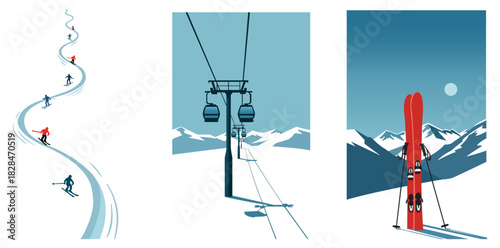 Skiing Adventure Snowy Mountain Resort Escape with Ski Lift Winter Sports Scene and Red Skis Alpine Holidays Travel