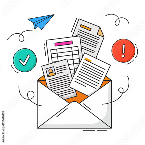 Email Marketing Workflow Envelope with Documents Paper Airplane Check Mark and Warning Icon for Communication and