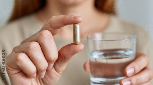 Woman holding capsule between fingers with glass of water in other hand close up shot indoors
