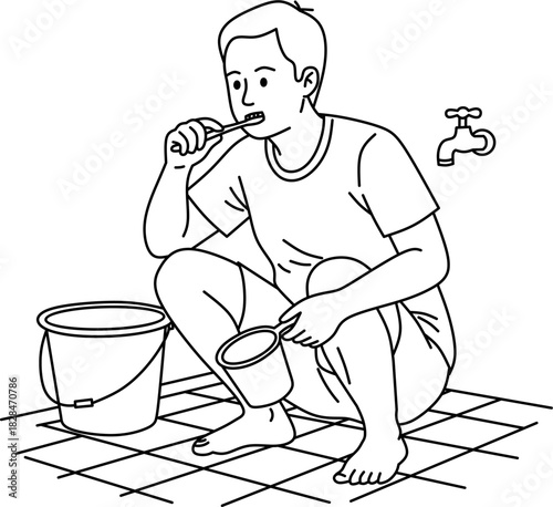 sketch of Man squatting brushing teeth