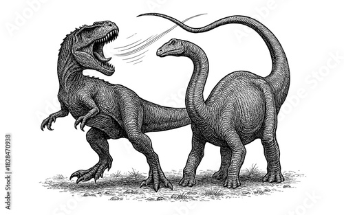 Detailed dinosaur combat scene featuring ferocious carnivore and massive herbivore