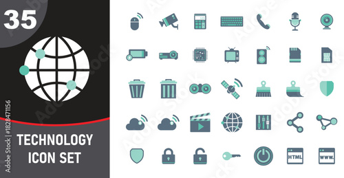 Collection of 35 Technology Icons in Teal and Gray on White Background