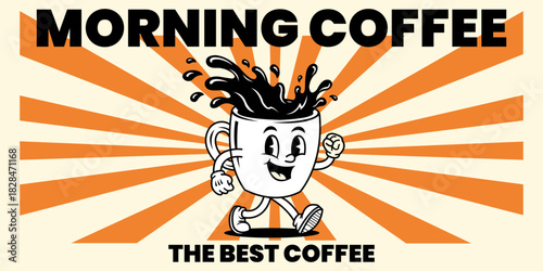 Cartoon Coffee Mug Mascot Walking Smiling Morning Brew Retro Design Orange Sunburst Black Coffee Splash Animated