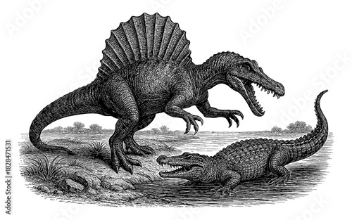 Vintage prehistoric scene: spinosaurus and crocodile by the water