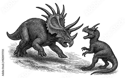 Detailed dinosaur sketch: triceratops and small theropod in classic ink art style