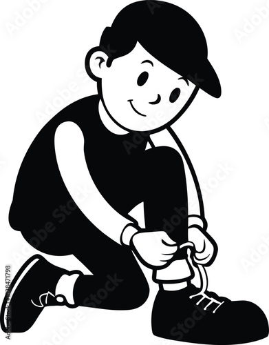 Cartoon boy tying shoelaces on black shoe child vector illustration EPS file download.
