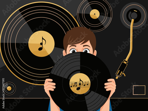 A young boy hides behind a vinyl record, peering at a turntable.  Bold graphic design, vibrant colors, and a playful illustration style. Perfect for music, entertainment, or technology themes.