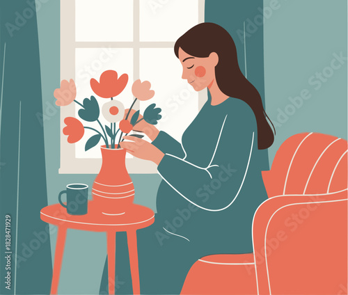 A pregnant woman lovingly arranges flowers in a vase, radiating joy. Soft colors and a cozy setting evoke a sense of peaceful anticipation. Perfect for lifestyle and wellness themes.