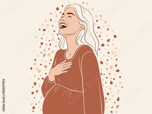 A joyful pregnant woman laughs heartily, radiating happiness. Soft, earthy tones and a speckled background create a warm, inviting feel. Perfect for lifestyle and wellness content.