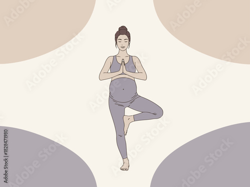 A pregnant woman practices tree pose, radiating peace and balance. Soft colors and a minimalist design create a serene and calming image suitable for wellness and lifestyle content.