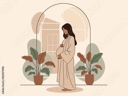 A pregnant woman stands before a window, embracing a sense of home and serenity. Soft colors and a minimalist style create a calming visual.