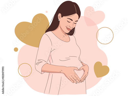 A pregnant woman lovingly cradles her belly, forming a heart shape. Soft pink hues and hearts create a warm, loving atmosphere. Ideal for family, pregnancy, and love themes.