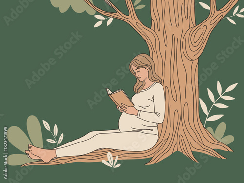 A pregnant woman relaxes under a tree, engrossed in a book. A serene, quiet moment captured in a soft, natural setting. Perfect for wellness and lifestyle visuals.