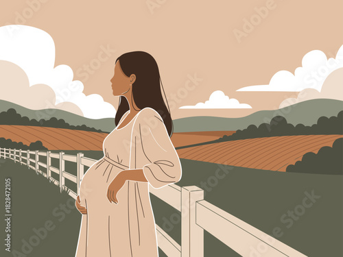 A serene pregnant woman gazes at a rural landscape. Soft colors and a slow-motion aesthetic create a calming, beautiful image perfect for lifestyle and wellness content.