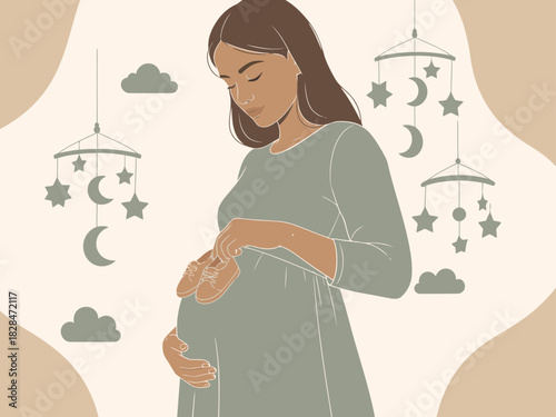 A serene pregnant woman gently touches her belly, surrounded by whimsical mobiles. Soft, pastel colors create a calming, hopeful atmosphere. Ideal for pregnancy, motherhood, or wellness themes.