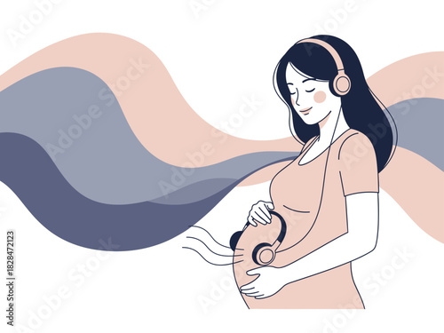 A serene pregnant woman listens to music, cradling her belly. Soft colors and a calming wave design create a peaceful atmosphere. Ideal for baby-related content.