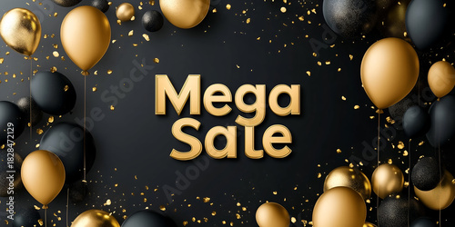 Luxury Black Friday Mega Sale Banner with Gold and Black Balloons and Confetti