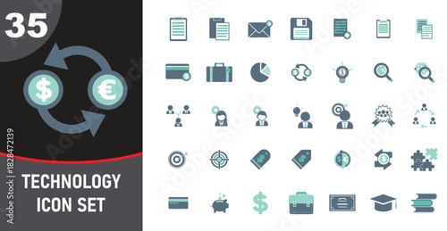 Technology Icon Set with Business Finance and Management Concepts in Teal and Gray