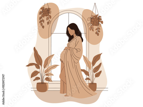 A serene pregnant woman stands by a window, enveloped in a soft robe, surrounded by lush plants. A warm, inviting home scene. ?Home is Here? text overlay.